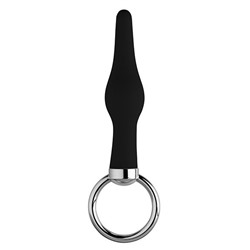Черная коническая анальная пробка с кольцом - 9 см.